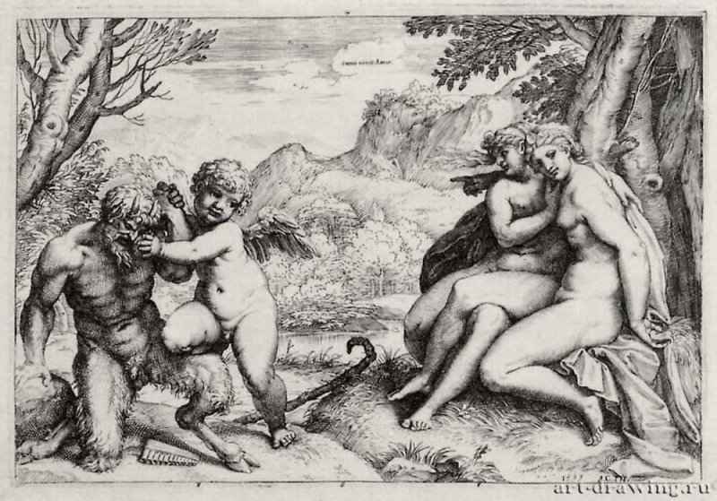 Omnia vincit Amor (Все побеждает любовь, или Пан, укрощенный Амуром). 1599 - 126 х 187 мм. Резцовая гравюра на меди. Вашингтон. Национальная галерея. Италия.
