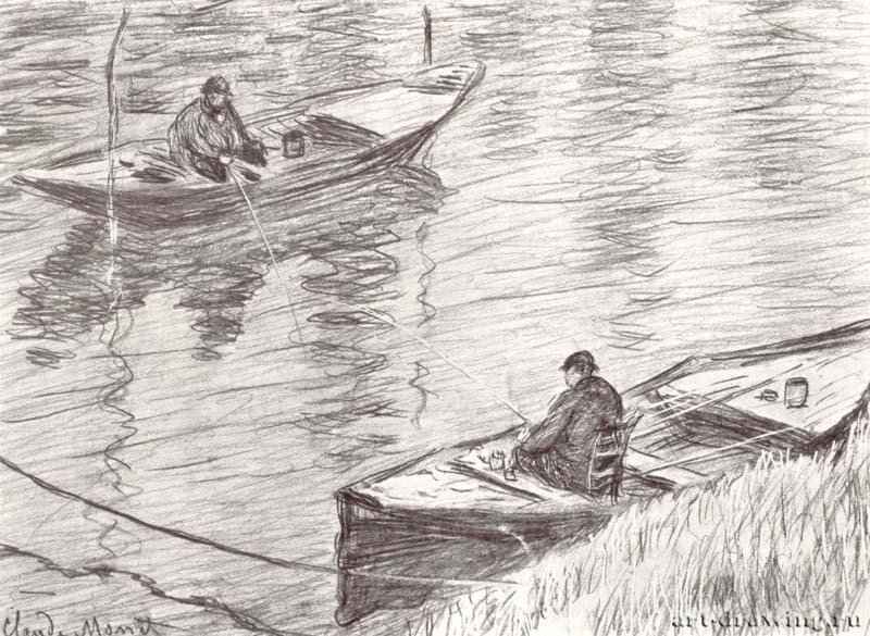 Два рыбака. 1882 - 256 х 334 мм Черный мел, на грунтованной белым доске, в освещенных местах мел соскоблен Кембридж (штат Массачусетс). Художественный музей Фогга, Отдел гравюры и рисунка Франция