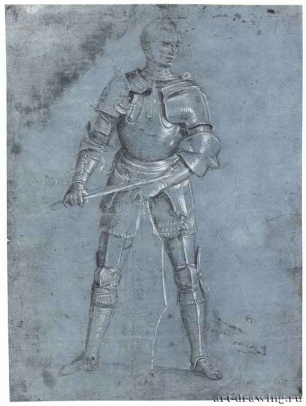 Мужчина в доспехе. 1496 - Перуджино, Пьетро: 249 х 185 мм. Металлический штифт, подсветка белым, на грунтованной синим тоном бумаге. Виндзорский замок. Королевская библиотека.