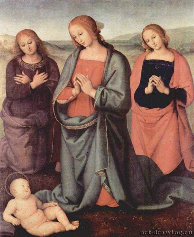 Мария, поклоняющаяся младенцу Христу, с евангелистом Иоанном и св. Марией Магдалиной. 1503 * - 87 x 72 смДерево, маслоВозрождениеИталияНью-Йорк. Библиотека Пирпонта Моргана