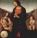 Мария, поклоняющаяся младенцу Христу, с Иоанном Крестителем и ангелом (Мадонна Сакко) 1495-1500 - 88 x 66 смДерево, маслоВозрождениеИталияФлоренция. Палаццо ПиттиНаписана совместно с мастерской Перуджино
