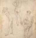 Два рисунка обнаженных юношей и фигура святого Петра. 1427-1432 - Пизанелло: 271 х 191 мм. Серебряный штифт и перо на пергаменте. Берлин. Гравюрный кабинет.