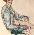 Сидящая женщина с синей лентой в волосах, 1914 г. - Бумага, карандаш, акварель; 48,2 x 32 см. Вена. Собрание Леопольд. Австрия.