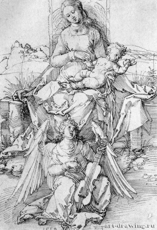 Мадонна с младенцем на дерновой скамье и играющий на скрипке ангел. 1519 - 30,5 x 21 Перо на бумаге Королевская библиотека Виндзорский замок