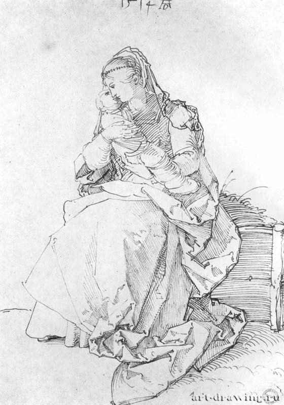 Мария со спеленутым младенцем на дерновой скамье. 1514 - 28 x 19,6 Перо на бумаге Музей Эшмолеан, Отдел гравюры и рисунка Оксфорд