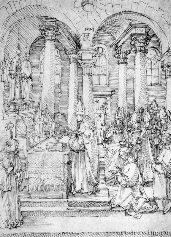 Месса кардинала Альбрехта Бранденбургского в монастырской церкви в Халле. 1523 - 30,7 x 22,1 Перо на бумаге Гравюрный кабинет Берлин