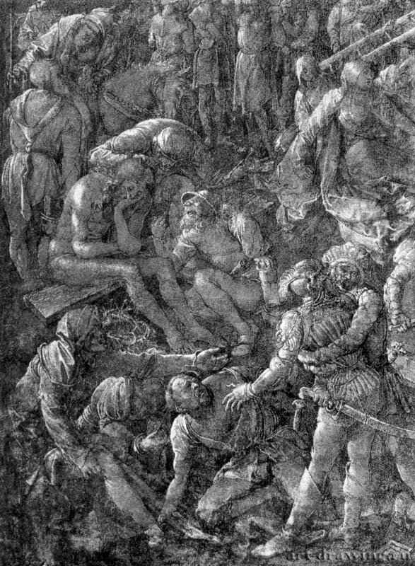 Большая Голгофа, фрагмент. 1505 - Перо черным тоном, кисть серым тоном, подсветка белым, на грунтованной зеленым тоном бумаге Галерея Уффици, Кабинет рисунков и гравюр Флоренция