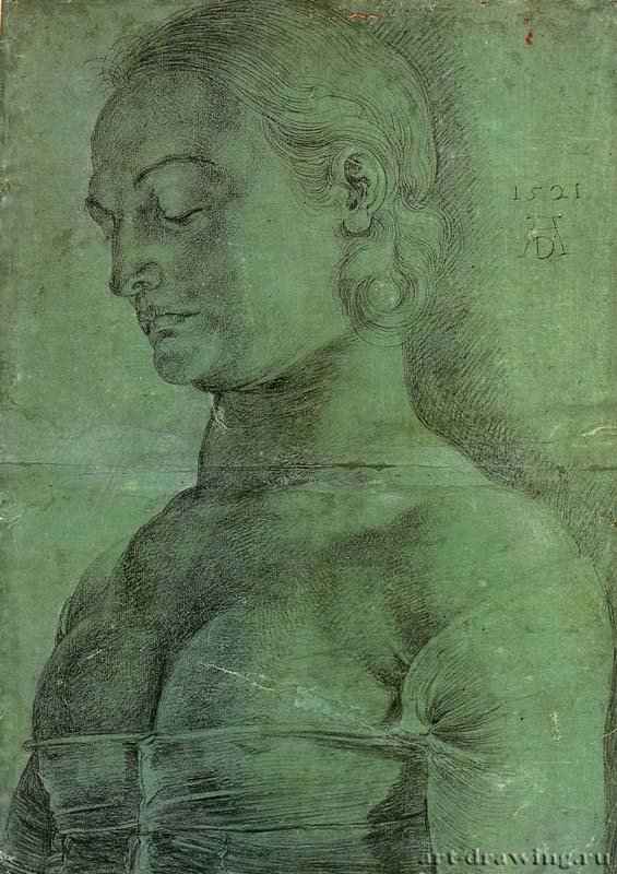 Святая Аполлония. 1521 - 41,4 х 28,8 Мел на грунтованной зеленым тоном бумаге Гравюрный кабинет Берлин