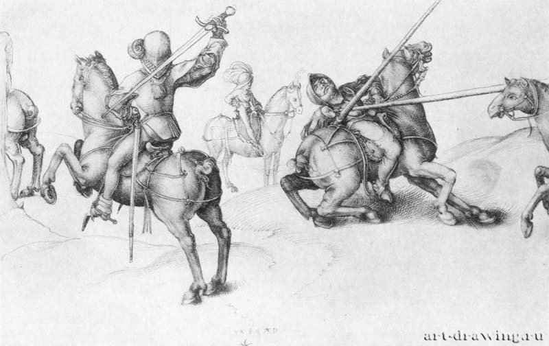 Сражающиеся всадники. 1489 - 19,8 x 31,1 Перо черным и коричневым, на бумаге Британский музей, Отдел гравюры и рисунка Лондон