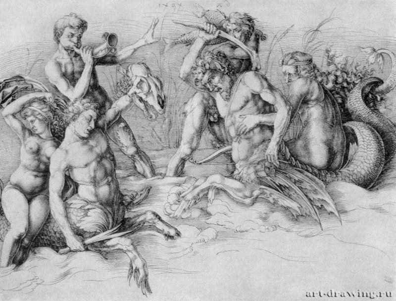Сражающиеся гиппокампы. 1494 - 29,2 x 38,2 Перо на бумаге Собрание графики Альбертина Вена