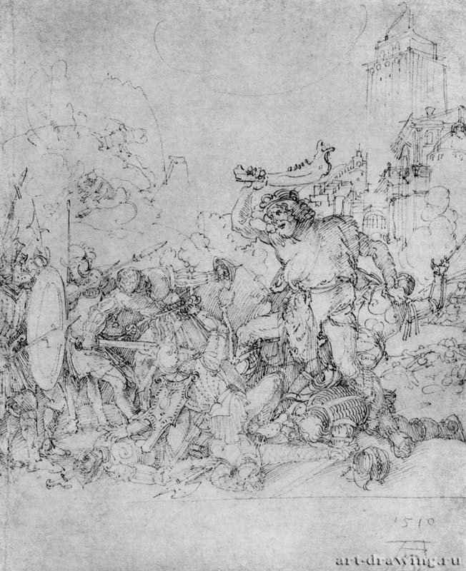 Эскиз для капеллы Фуггеров в Аугсбурге. Самсон, сражающийся с филистимлянами. 1510 - 20,9 x 25,3 Перо на бумаге Библиотека Амброзиана Милан