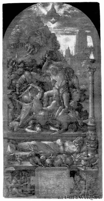Эскиз для капеллы Фуггеров в Аугсбурге. Самсон, сражающийся с филистимлянами 1510 - 31,3 x 15,9 Перо и кисть черным тоном, отмывка черно-серым тоном, подсветка белым, на грунтованной зеленым тоном бумаге Гравюрный кабинет Берлин