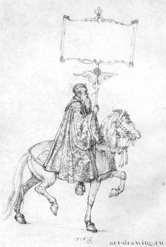 Большая триумфальная повозка, фрагмент: Старец на коне (Иоганн Стабий, придворный поэт Максимилиана), несущий штардарт. 1518 - 42,5 x 28,5 Перо на бумаге Собрание графики Альбертина Вена