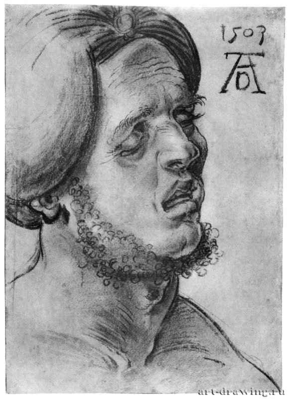 Голова страдающего мужчины. 1503 - 31 x 22,1 Уголь, отмывка серым тоном, на бумаге Британский музей, Отдел гравюры и рисунка Лондон