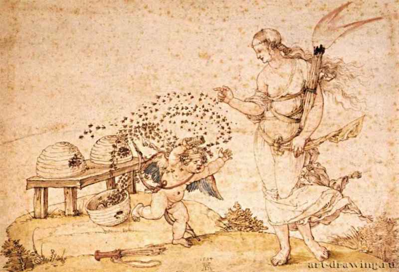 Купидон, укравший мед, 1514 г. - Тушь, акварель, бумага; 22 x 31 см. Вена. Художественно-исторический музей. Германия.