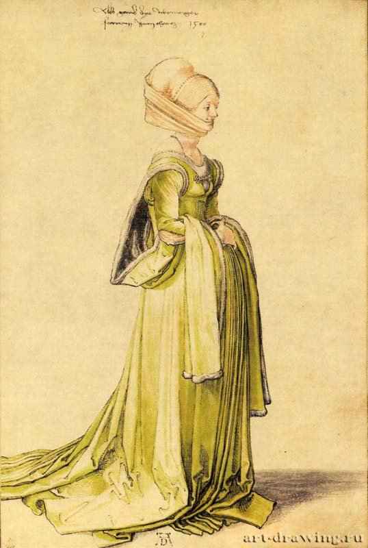 Горожанка Нюрнберга в платье для танцев. 1500 - 1501 - 32,5 х 21,8 Перо, подцветка акварелью, на бумаге Собрание графики Альбертина Вена