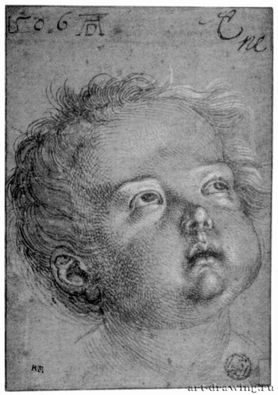 Детская голова. 1506 - 13,6 x 9,5 Кисть тушью, подсветка белым, на голубой венецианской бумаге Лувр, Кабинет рисунков Париж