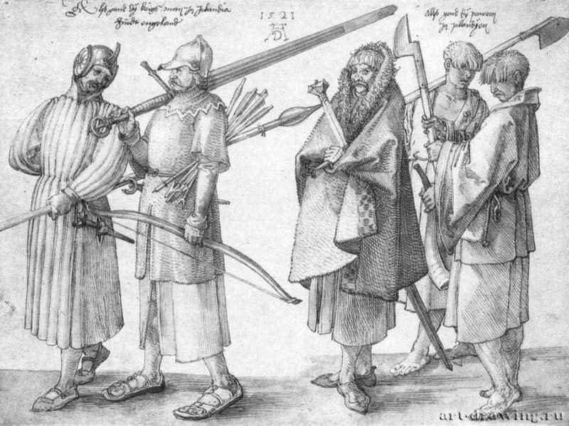 Ирландские солдаты и крестьяне. 1521 - 21 x 28,2 Перо с ретушью акварелью Гравюрный кабинет Берлин