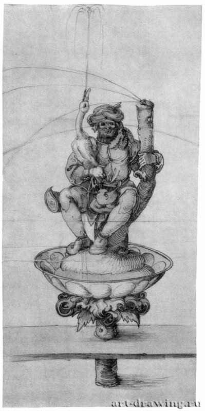 Крестьянин с гусем (фигура для фонтана). 1500 - 40,3 x 19,3 Перо, легкая отмывка акварелью, на бумаге Музей истории искусства Вена