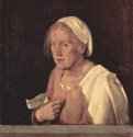 Портрет пожилой женщины - 1500-1510 *68 x 59 смХолстВозрождениеИталияВенеция. Галерея АкадемииНадпись на листке бумаги гласит: Col tempo ('[Вот что происходит] со временем')